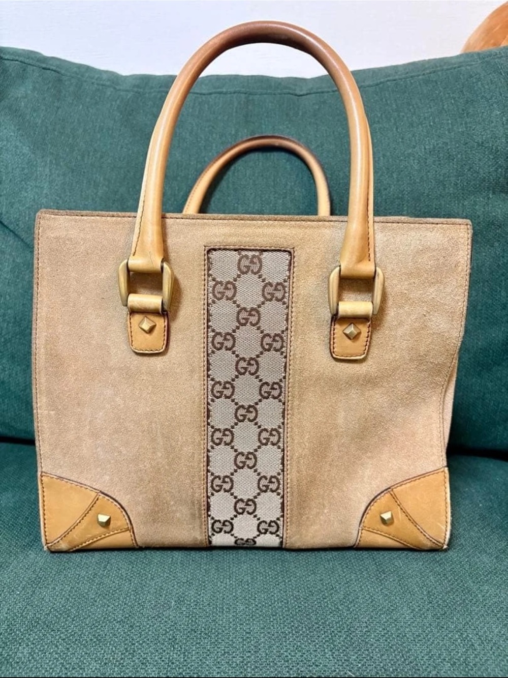 Gucci Beige Suede GG Canvas Top-Handle Bag